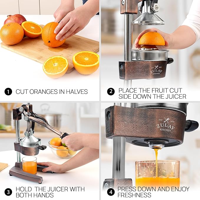 Zulay Kitchen Cast Iron Juicer - Easy-to-Clean Heavy-Duty Manual Juicer, Professional Citrus Juicer - Stainless Steel Lemon Squeezer - Manual Citrus Press & Orange Squeezer - Orange Juicer (Copper)