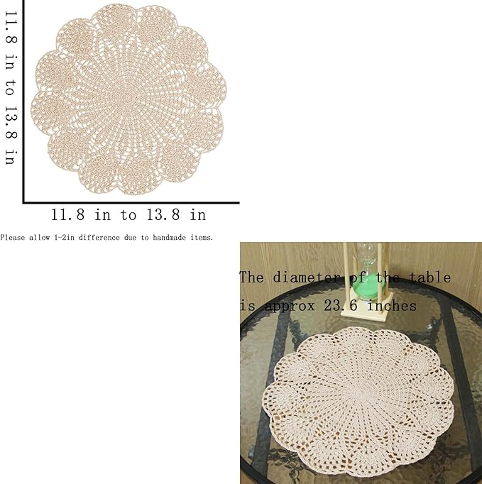 BIBITIME 11.8 in to 13.8 in Round Flower Lace Doilies Vase Mats Kitchen Tablecloth Dish Plate Mat Handmade Crochet Table Doily Placemats (Beige,1PC)
