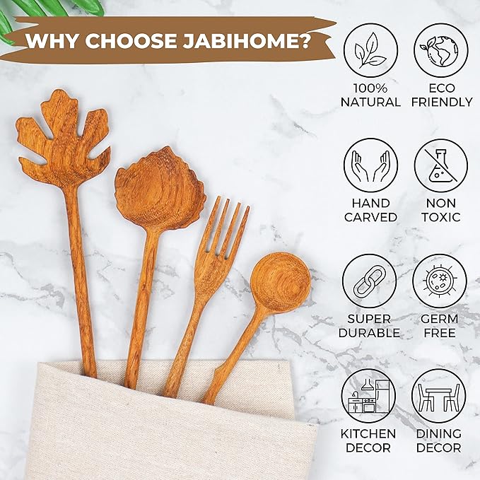 JABIHOME 4 Wooden Spoons and Forks Set, Valentines Hostess Gifts for Women, Couple Cooking Gifts for Women, Handmade Gifts, Nana Gifts