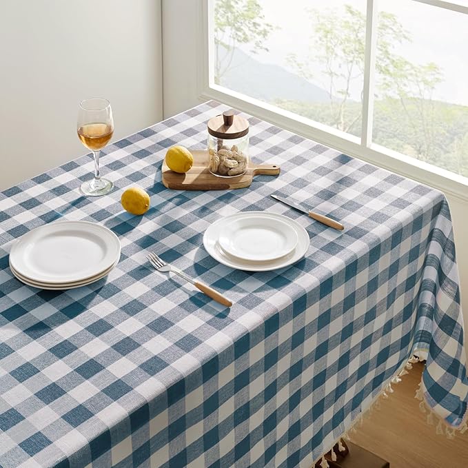 Softalker Checkered Tablecloth Rectangle, Outdoor Linen Cotton Gingham Table Cloth with Tassel, Heavy Duty Wrinkle Free Buffalo Plaid Table Cover for Kitchen Dining Home Party - 55 x 84 Inch, Navy