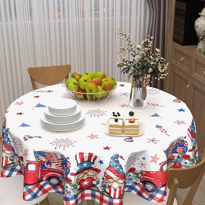 4th of July Round Tablecloth 70 Inch Patriotic Truck Gnome American Flag Polyester Table Cloth Memorial Day Independence Day Table Cover Decoration for Kitchen Dinner Party