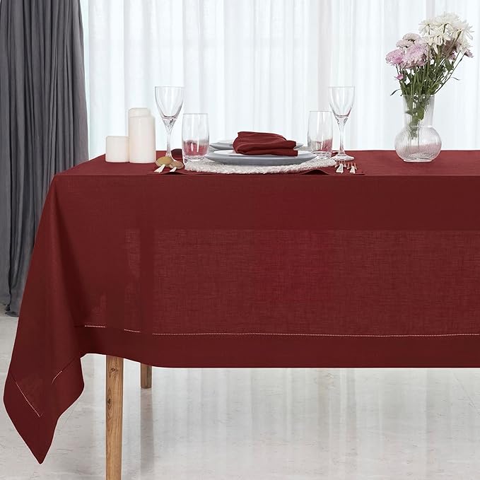 D'Moksha Homes Dark Red Linen Tablecloth 60 x 120 Inch - 100% Pure Linen Hemstitch Tablecloth for Rectangle Tables - Classic Hemstitch, Machine Washable Table Cloth for Valentines, Spring