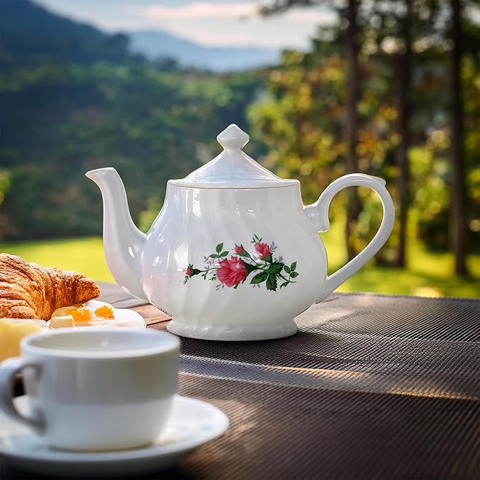 Lynns Porcelain Vintage Teapot with Embossed Swirls 37oz Tea Pot Classic White Tea Set for Parties & Celebrations Ideal Teapot for Tea Cups & Saucers Perfect for Tea Parties - Vintage Rose