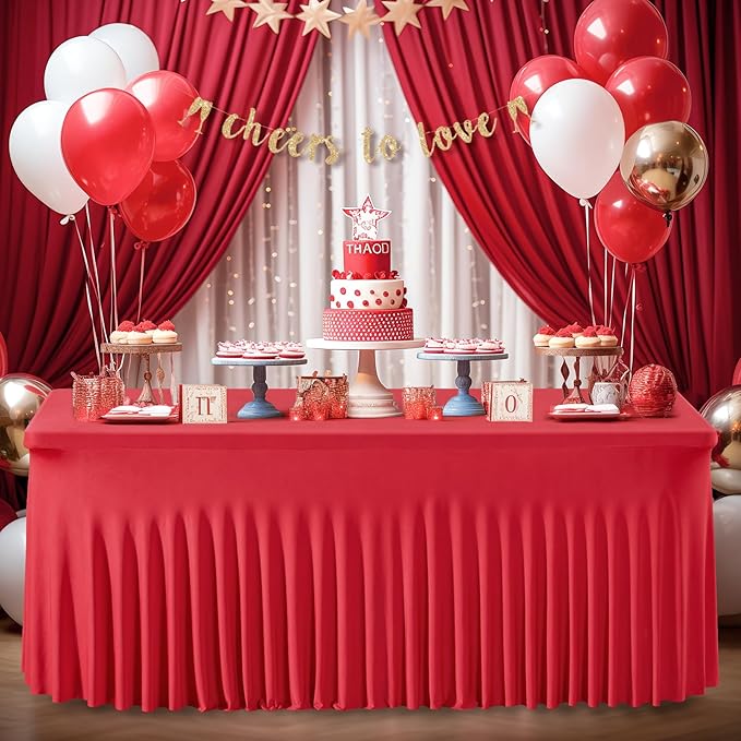 2 Packs Red Spandex Table Clothes for 4 Foot Rectangle Table, Spandex Table Covers 4FT Stretch Table Skirts Wrinkle Free Fitted Table Cloth for Valentines, Event, Wedding, Banquet & Parties