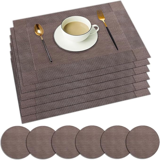 Sets of 6 Placemats Simple Table Place Mats and Coasters Premium Heat Washable Tableware Dining Table Mats(Coffee)