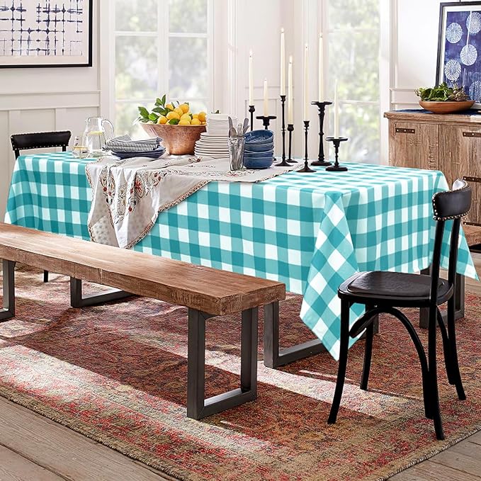 Hiasan 60 x 120 Inch Checkered Tablecloth Rectangle - Waterproof, Wrinkle Resistant and Washable Gingham Table Cloth for Outdoor Picnic, Kitchen and Holiday Dinner, Turquoise and White