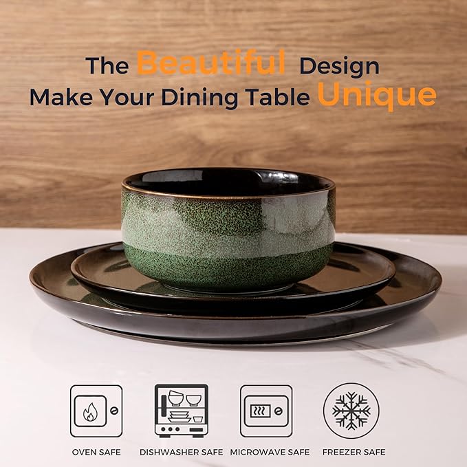LeRatio Ceramic Dinnerware Sets for 6,Porcelain Plates and Bowls Sets,Handmade Reactive Glaze Dishes Set,Chip Resistant and Scratch Resistant | Oven&Dishwasher & Microwave Safe-Green(18PCS)