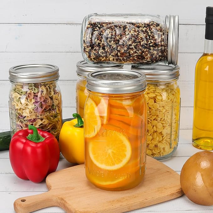 CycleMore 32oz Mason Jars, 6 Pack Large Glass Mason Jar with Metal Airtight Lids and Bands, Wide Mouth Glass Jars, 1 Quart Canning Jars for Pickling, Fermenting, Food Storage & DIY Projects