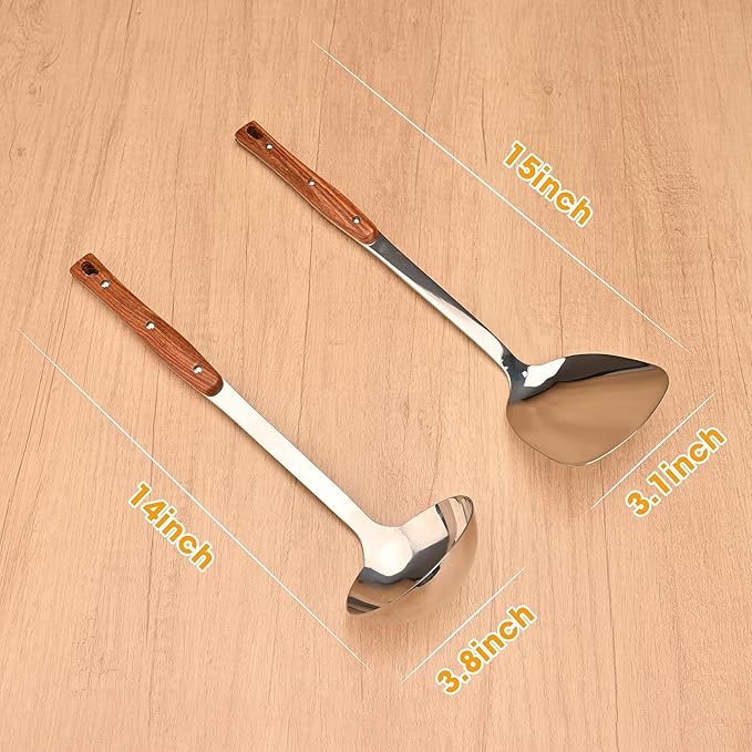 FJNATINH Wok Spatulas and Ladle, Heat Resistant Wooden Handle Wok Utensils, Stainless Steel Cooking Utensils for Serving, Turning, Stirring, Set of 2