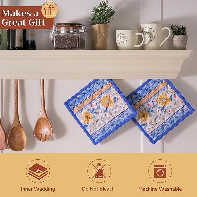Maison d' Hermine Pot Holders 100% Cotton Heat Resistant Potholders 8" x 8" Hot Pads with Loop BBQ, Cooking, Baking, Grilling, Kitchen, Handling Hot Pans Spring/Summer (Pack of 1, Girassol)