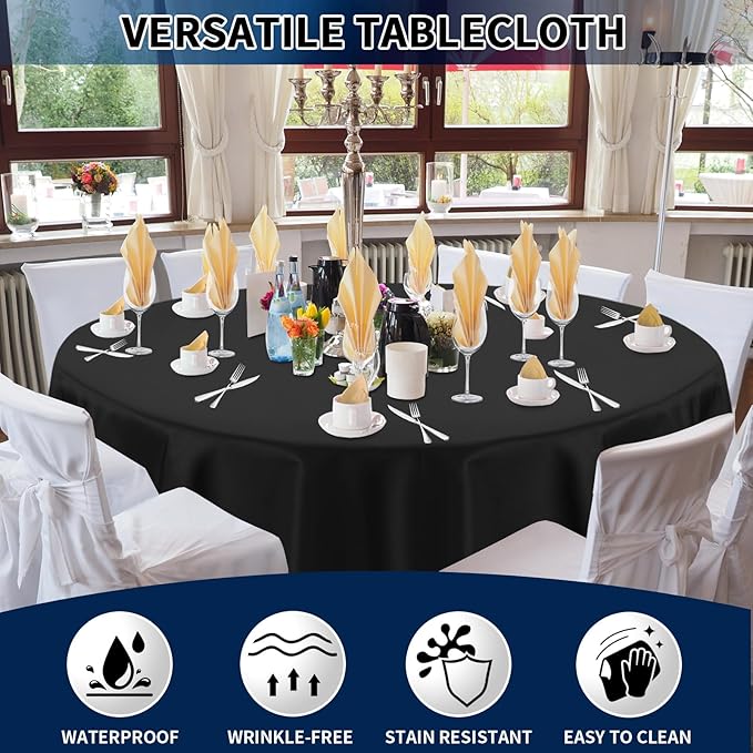 PureFit 8 Pack Round Black Table Cloths 90 Inch for Round Tables, Stain and Wrinkle Resistant Table Linens for Home Use, Wedding, Party, Banquet and Camping