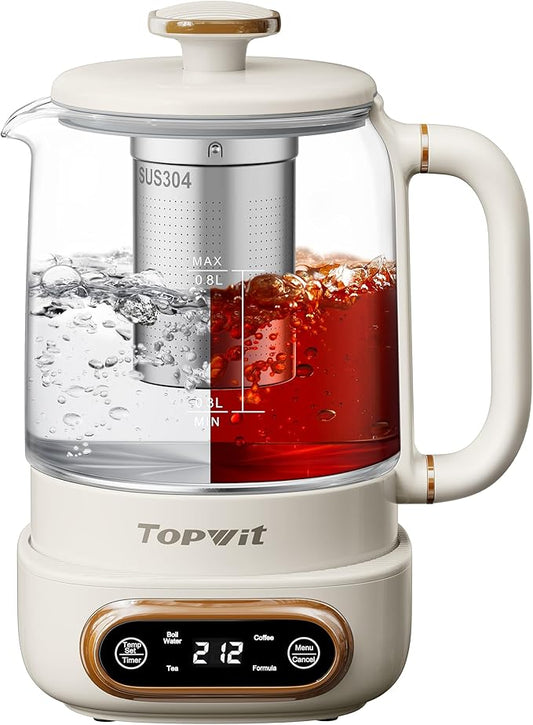 Topwit Electric Tea Kettle, 11 Temperature Control & 4 Presets Glass Kettle with Removable Infuser, 0.8L Electric Kettle for Coffee, Formula, Tea Maker with 8H Keep Warm, Boil-dry Protect, Beige