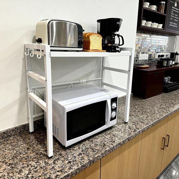 Microwave Oven Rack, Microwave Shelf Expandable Microwave Stand Countertop Kitchen Utensils, Bakers Rack, Carbon Steel Over Microwave Shelf Countertop with 6 Hooks (White, 2 Tier)
