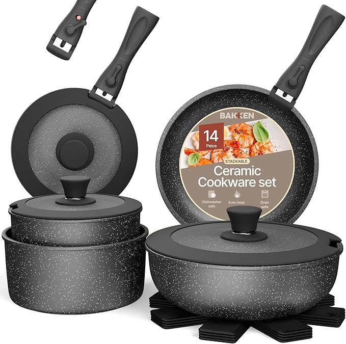 Pots and Pans Set Non Stick Ceramic-Granite – 14-Piece Cookware with Detachable Handles, Stackable Space-Saving, Dishwasher Safe, Oven & All-Stove Safe, Tempered Glass Lids, Black Granite