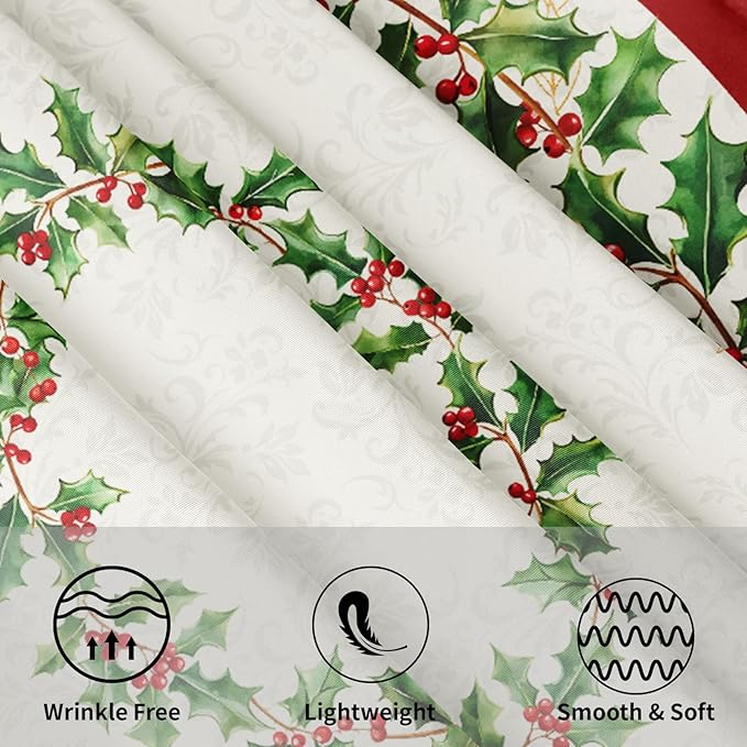 Christmas Round Tablecloth 60 Inch Red Xmas Holly Leaves Berries Pattern Circle Table Cloth Winter Holiday Decorative Table Cover for Kitchen Dinner Home Decor