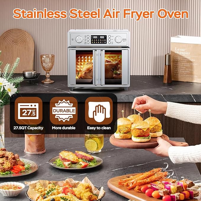 27.5QT French Door Air Fryer Toaster Oven Combo, Countertop Oven with 14 Presets & Digital Control, Extra Large Toaster Oven for Baking, Roasting, Accessories Includes,Stainless Steel