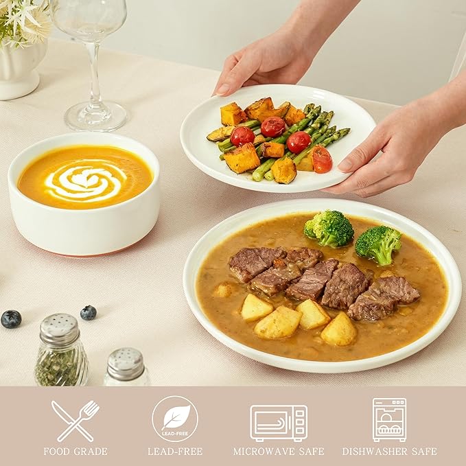 8-Inch Plates Set of 4, Dual Glaze Stoneware Plate, Microwave and Dishwasher Safe, Ceramic Plates for Salads & Desserts, Stardust Glaze White