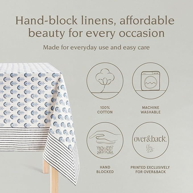 Over&Back Hand-Screened Tablecloth - Dining Table Cover - Each Tablecloth is Unique - 100% Cotton - Machine Washable - Kitchen and Home Decor - Blue Flower - 70x90