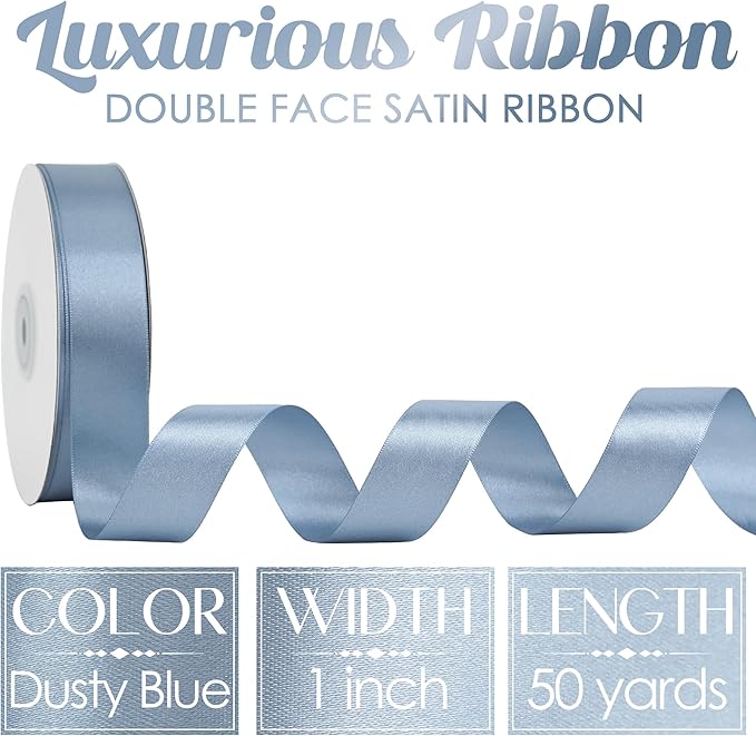 MEEDEE Dusty Blue Ribbon 1 Inch Dusty Blue Satin Ribbon Lux Double Faced Satin Ribbons by 50 Yards Polyester Blue Wrapping Ribbons for Crafts, Weddings, Flower Bouquet, Holiday Decorating