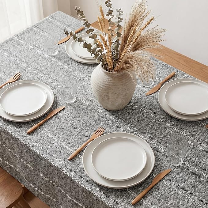 Horaldaily Grey Cotton Blend Tablecloth 60×84 Inch Rectangular, Farmhouse Style, Wrinkle Resistant Washable Table Cloth, Hemstitched Embroidery Table Cover for Home