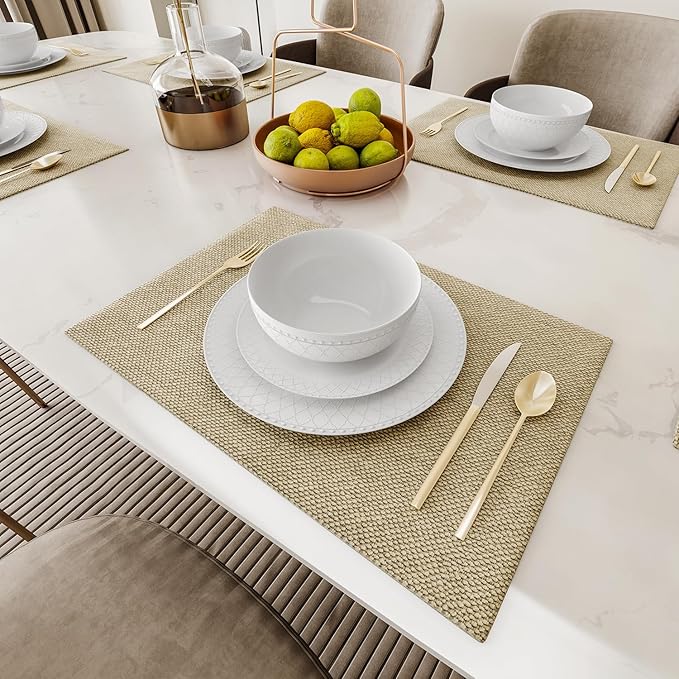 Yoshy 12-Piece White Bone China Dinnerware with Lightweight Durable Chip Resistant Design Service for 4 (18 Piece - Service for 6, Interlace)