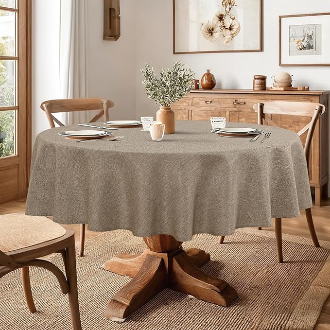 JIUZHEN Round Table Cloth Faux Linen Farmhouse Tablecloth Wrinkle and Stain Resistant Decorative Fabric Table Cover for Kitchen, Dining Room, Parties and Camping, Khaki, 90 Inch Round