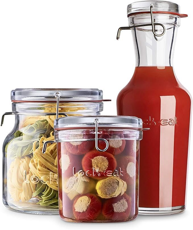 Luigi Bormioli Lock-Eat 3pc Jar Set (Set of 3) : Innovative Glass Lid, Easy to Close, Easy to Open, Dishwasher Safe, Microwave Safe, Canning Safe, Freezer Safe, Stackable Jars