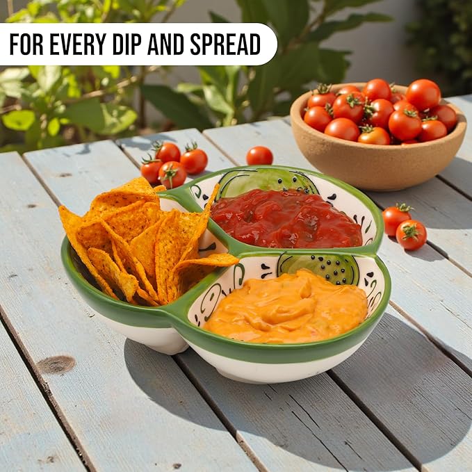 Ceramic Chip & Dip Bowl 7.5”, 3-Compartment Divided Serving Dish & Condiment Tray for Appetizers – Handmade in Spain, Lead-Free Glaze, Microwave, Oven & Dishwasher Safe