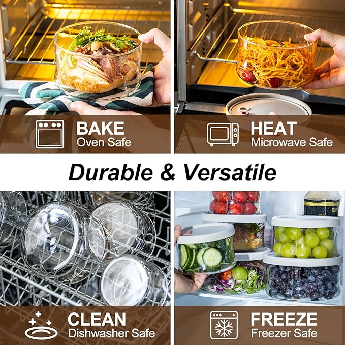 Glass Food Storage Containers with Lids, Leak-Proof BPA Free Round Glass Containers with Lids for Storage soups and leftovers - Microwave, Dishwasher, Freezer Safe (Gray 6PCS)