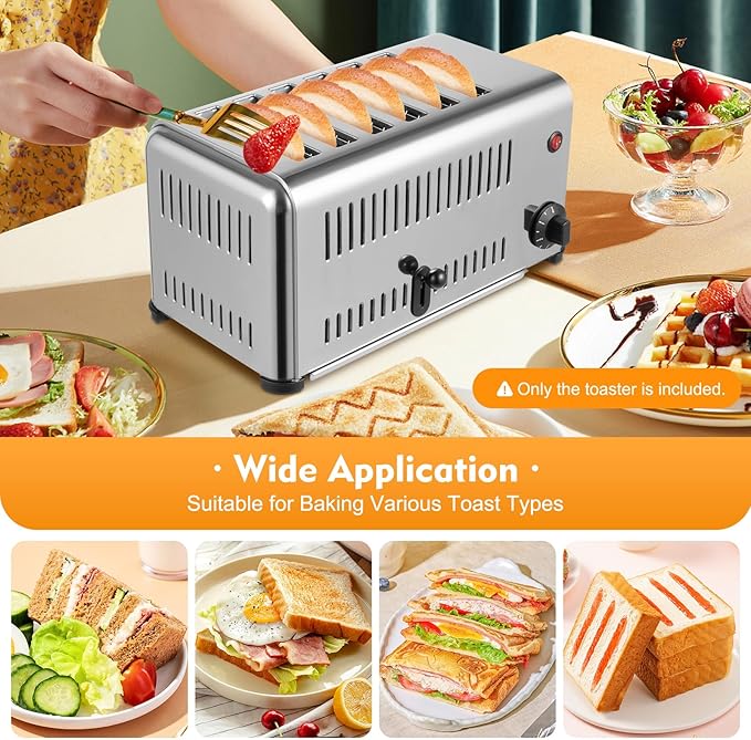 6 Slices Toaster with 5 Bread Shade Settings, Commercial Baking Machine, Wide Slot Stainless Steel Toaster 1680W 201 Stainless Steel for Various Bread Types