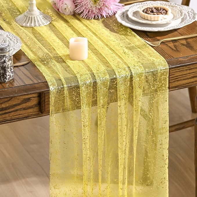 Artoid Mode Light Yellow Gold Gauze Table Runner 120 Inch 10FT, Glitter Metallic Foil Sheer Dining Wedding Anniversary Holiday Birthday Table Decor for Home Party