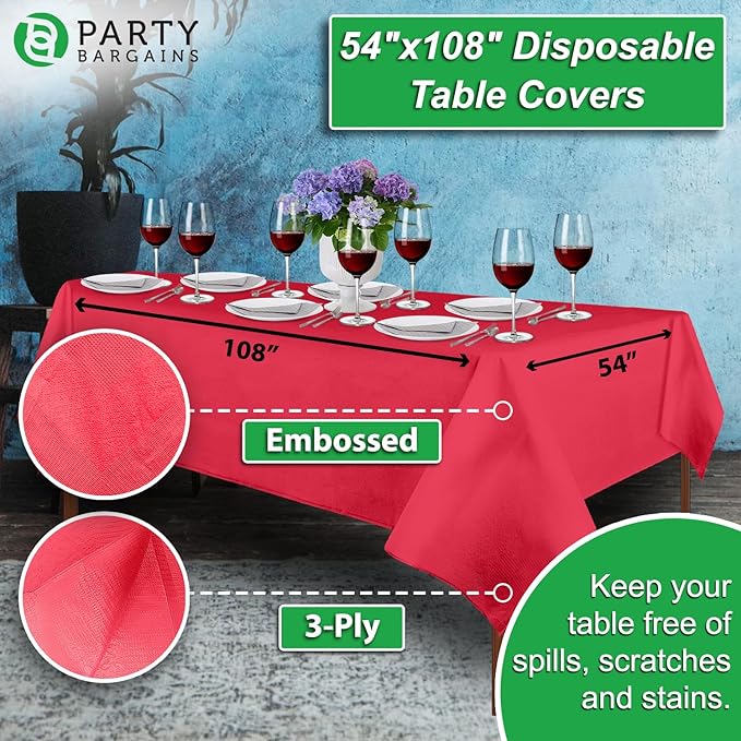 PARTY BARGAINS Disposable Table Covers, 54 x 108 Inch, Real-Red, 3-Ply Paper & Plastic Spill-Resistant Party Tablecloths, 40 Pack