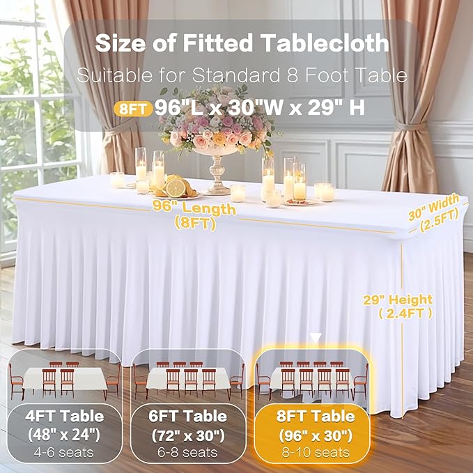 2 Packs White Spandex Table Covers 8 Foot, Fitted Stretch Table Cloth with Skirts 96x30 Inch, Wrinkle-Free Floor Length Rectangle Tablecloths for Weddings Parties Banquets Events