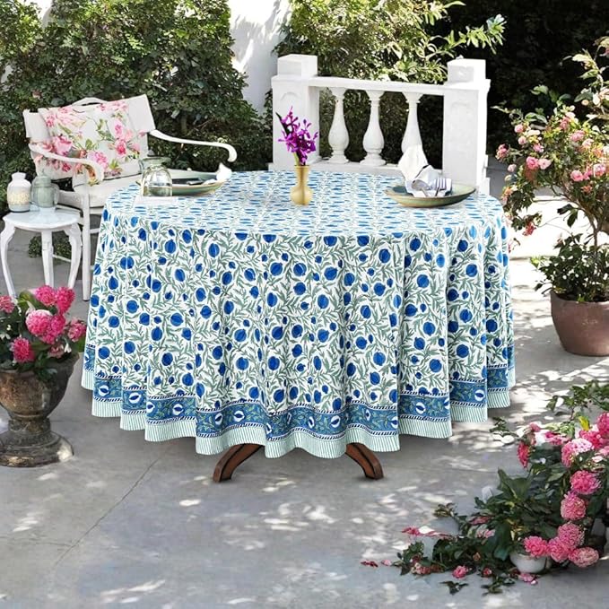 Ridhi Block Print Round Queen Blue Reusable Tablecloth 100% Cotton 120" Inch Decorative Table Cover eveyday Dining, Home, Party, Wedding, Farmhouse Gift for Spring, Easter, Valentine