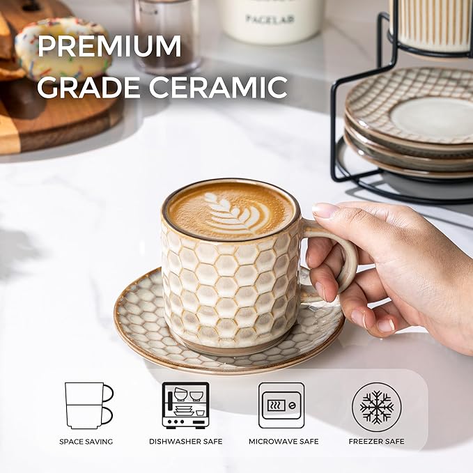 GBhome 6OZ Stackable Coffee Mugs with Stand and Saucer, Ceramic Coffee Mugs Set of 4 with Texture Patterns for Man,Woman,Dad,Mom, Modern Coffee Cups for Latte/Espresso. Dishwasher&Microwave Safe
