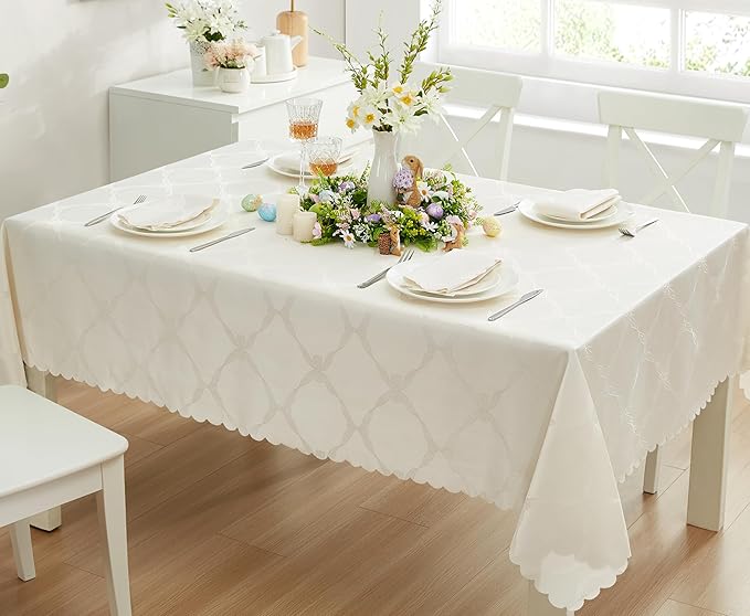Newbridge Ribbons and Bows Damask Spring & Easter Holiday Fabric Tablecloth, Ivory, 60 x 84 Inch Rectangle, Wrinkle & Stain Resistant Table Cover