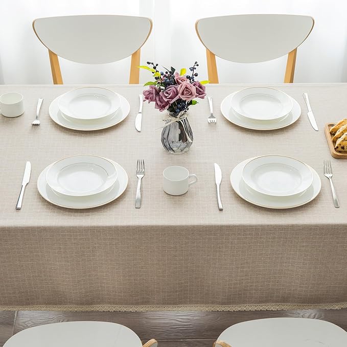 Lace Trim Tablecloth Linen-Look Textured Rustic Style Machine Washable Solid Heavy Weight Rectangle/Oblong Table Cloth Cover for Kitchen Dinning Tabletop Decoration 55x102 in Beige