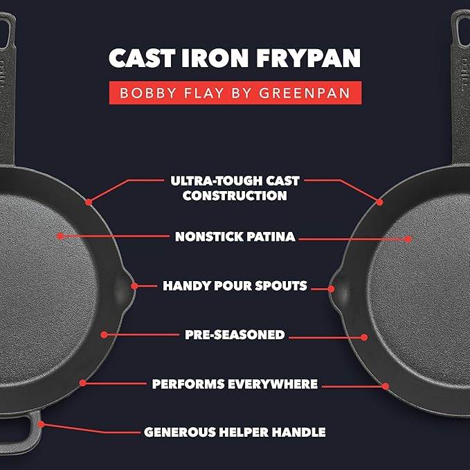 GreenPan x Bobby Flay Cast Iron Skillet Set, 8” &10” Pre-Seasoned Frying Pans, Pour Spouts, Induction Compatible, Oven, Grill, Indoor/Outdoor, Durable, Black