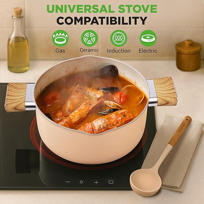 NutriChef 14-Piece Non-Stick Ceramic Cookware Set - Induction Safe Pots and Pans with Glass Lids, Cool-Touch Handles, Even Heat Distribution, Dishwasher Safe, Includes Ladle, Tong, Spatula (Pink)