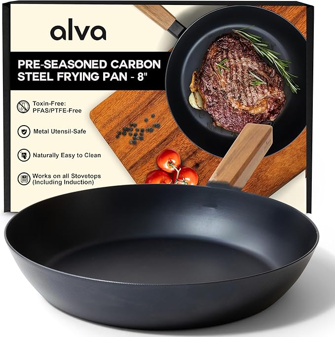 Alva Forest 8" Carbon Steel Frying Pan – Naturally Nonstick, Pre-Seasoned, with Acacia Wood Handle, Made Without PTFE, PFOA, PFAS – Sustainable Belgian Design, Induction & All-Stovetop Safe