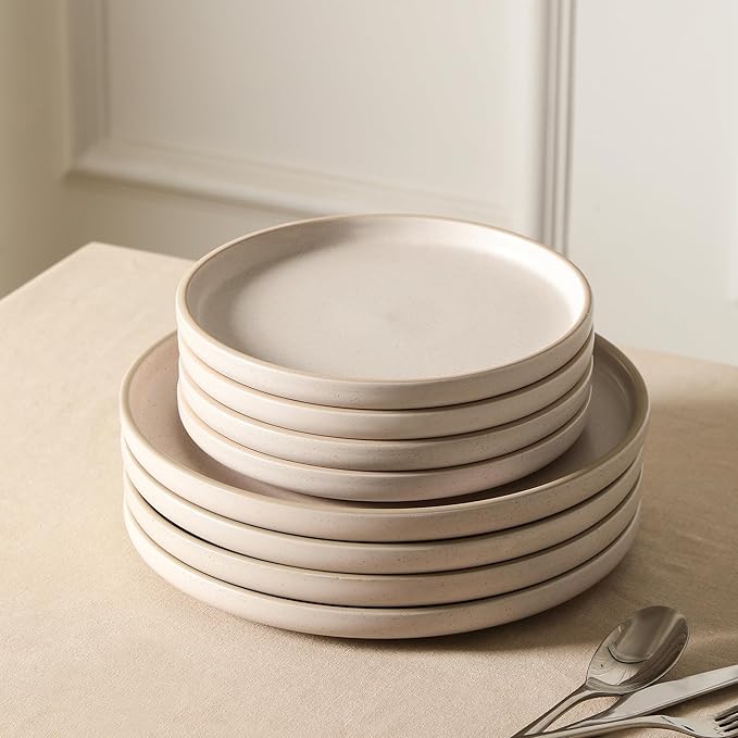 Earth & Clay Amber 24-Piece Dinnerware Set Stoneware, Dishwasher and Microwave Safe Plates and Bowls Set, Dish Set for 8, White Speckled