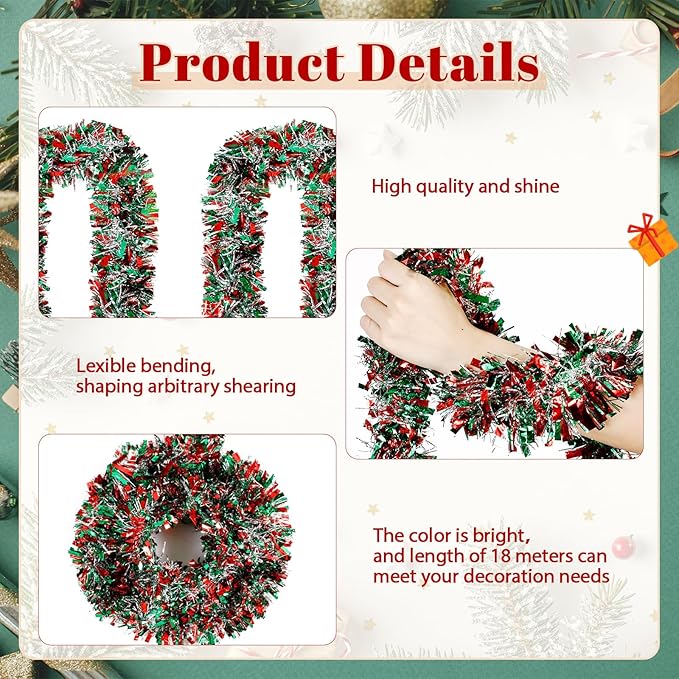 295 Feet Mardi Gras Tinsel Garland Metallic Tinsel Garland Glitter Twist Metallic Shiny Hanging Garlands Decorations Mardi Gras Tree Ornaments for Carnival Party(Red, Green, Silver)