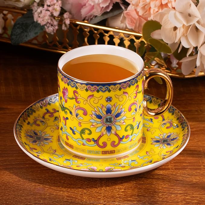 KAMMAK Tea Cups and Saucers Set of 2, Porcelain Coffee Cups with Saucer for Espresso, Cappuccino, 7oz Vintage Yellow and Blue Ceramic Novelty Mug for Home, Tea Party, Office