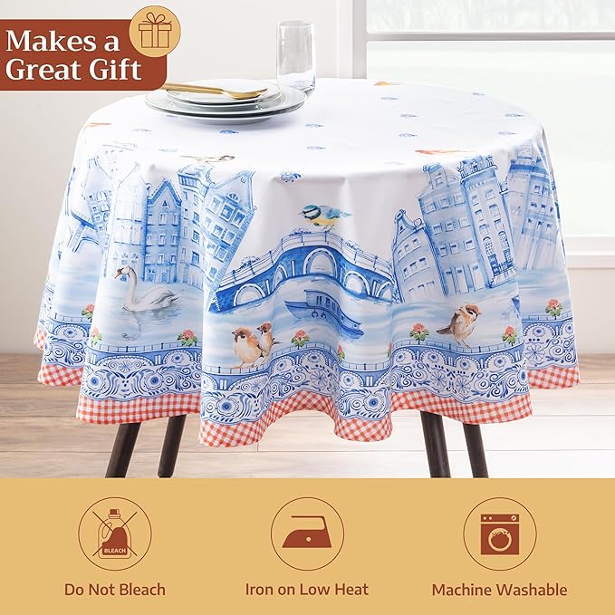Maison d' Hermine Table Cloth Round Table 100% Cotton 63 Round Inches Tablecloth Reusable Decorative for Dining Room Farmhouse Home Valentines Day Decorations Spring Summer - Amsterdam Canals