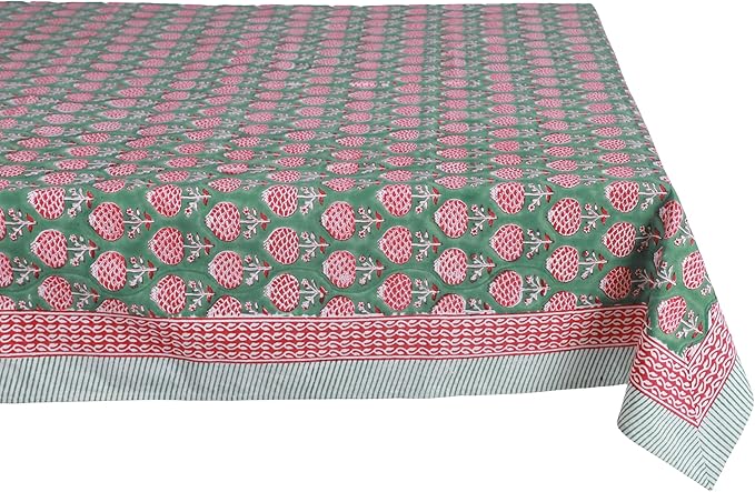 ATOSII Roma Green 100% Cotton Square Summer Tablecloth, Block Print Floral Table Cloth for Dining, Parties Wedding Outdoors I Grand Millenial Decor 60 X 60 Inches I 4 Seater I