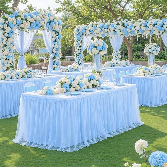 6 Pack 8ft Baby Blue Tulle Tablecloths for Rectangle Tables, 8 Foot Rectangular Table Cloth Wrinkle Free Table Cover with Tutu Skirt for Baby Shower Boy Birthday Party Banquet Buffet Cake