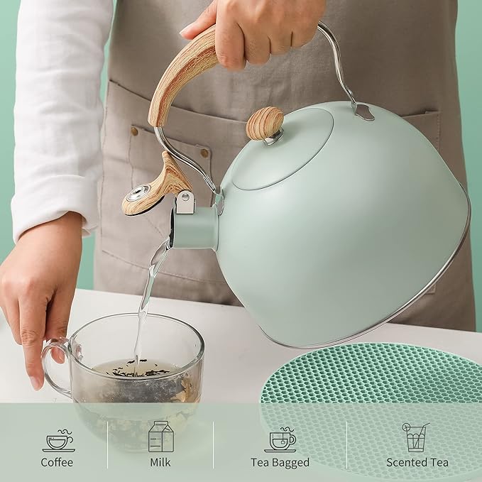LONFFERY Tea Kettle for Stove Top, 2.5 Quart Whistling Tea Kettle, with Food Grade Stainless Steel and Wood Pattern Folding Handle, Turquoise