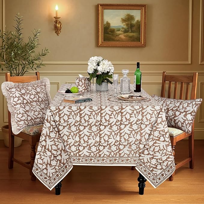 Ridhi Hand Block Print Oak Brown Rectangle Cotton Tablecloth 90" x 60" Reusable Table Cover Decorative Everyday Use for Dining, Farmhouse, Home Gift for Spring, Easter, Valentine