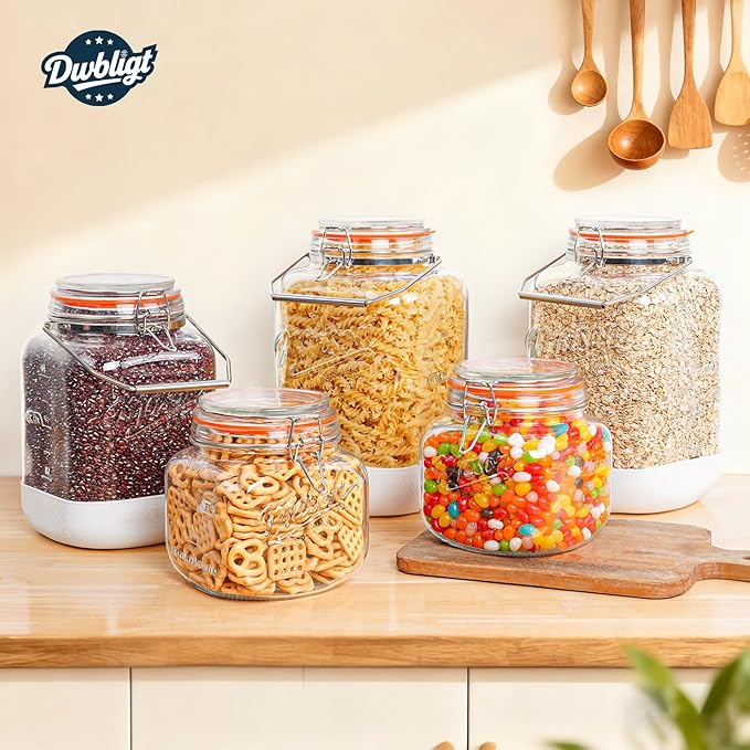 2 Pack 1.5 Gallon Glass Jar With Airtight Lid, Square Large Mason Jars Wide Mouth with Scale Marks and Stainless Steel Handle-192 Oz Non-slip Glass Storage Containers for Flour Sugar Cookie