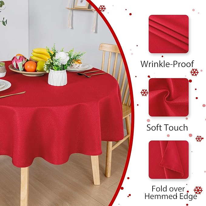 Hiasan Round Textured Tablecloth 60 Inch - Waterproof Spillproof Antiwrinkle Jacquard Table Cloth, Decorative Polyester Table Cover for Kitchen, Outdoor Picnic, Holiday and Parties, Red